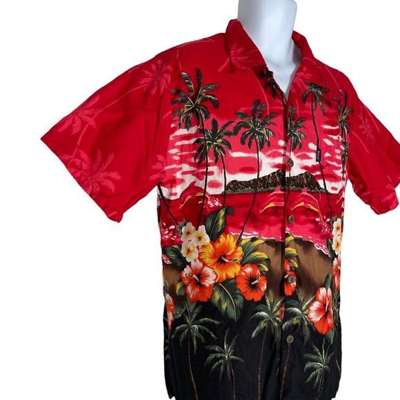 Palmwave Hawaii Fire Red Hawaiian Beach Volcano Floral Ocean Shirt Men's M - Picture 4 of 10
